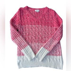 LIZ CLAIBORNE CABLE KNIT V NECK SWEATER SIZE XL COTTON BLEND EUC PINK/WHITE